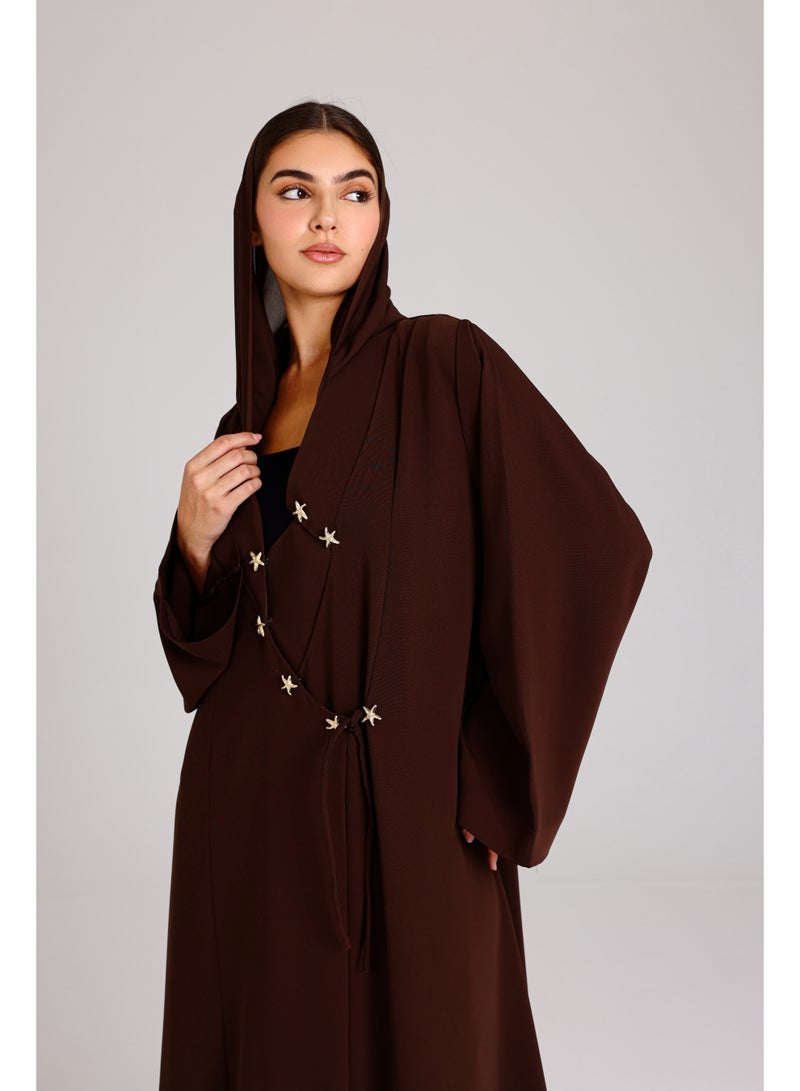 IKKXA Modern Design Star Details Soild Brown Abaya - Image 2