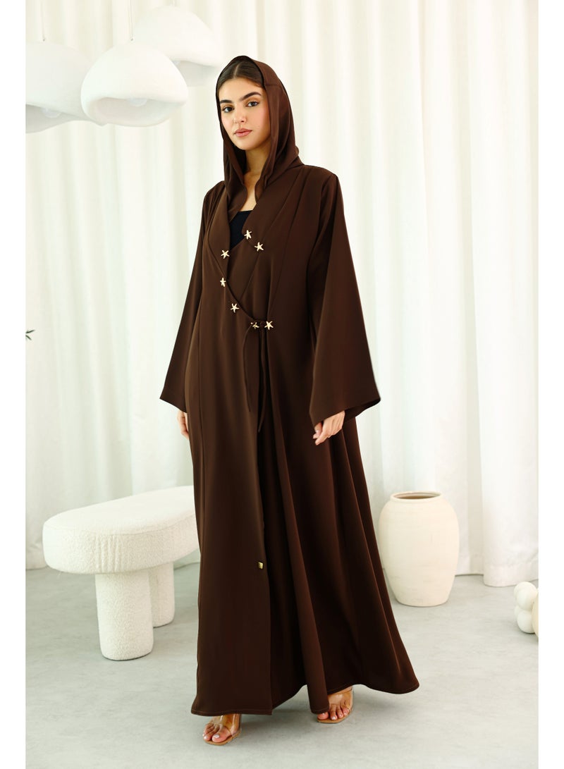 IKKXA Modern Design Star Details Soild Brown Abaya - Image 1
