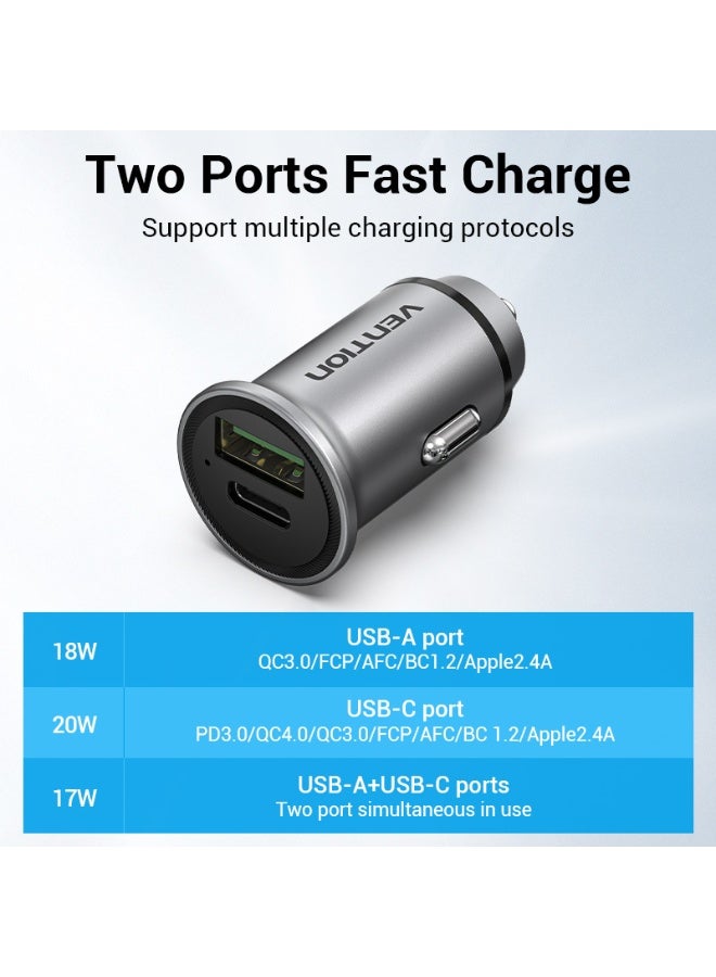 VENTION Two-Port USB A+C(18/20) Car Charger Gray Mini Style Aluminium Alloy Type Model # FFBH0 - Image 3