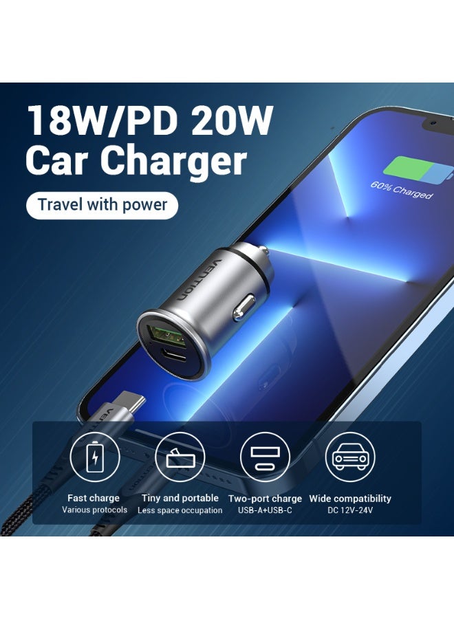 VENTION Two-Port USB A+C(18/20) Car Charger Gray Mini Style Aluminium Alloy Type Model # FFBH0 - Image 2