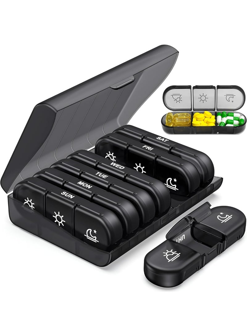 Portable Pill Organizer 3 Times a Day for 1 Week (Black) – Light Proof Pill Case with Large Compartments – Travel Friendly Medicine Organizer for Vitamins, Pills, Fish Oils, Medication & Supplements - Image 1