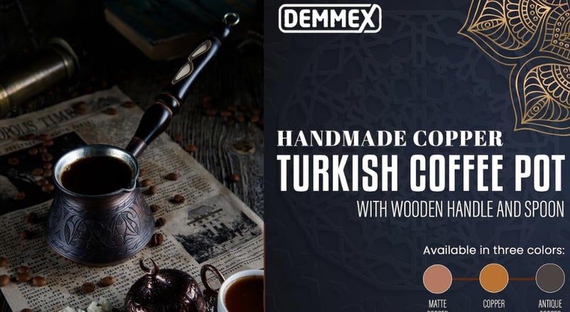 DEMMEX 2mm Thickest Copper Turkish Greek Arabic Coffee Pot Engraved Stovetop Coffee Maker Cezve Ibrik Briki with Wooden Handle & Spoon, for 3 People (Antique Copper) - Image 2