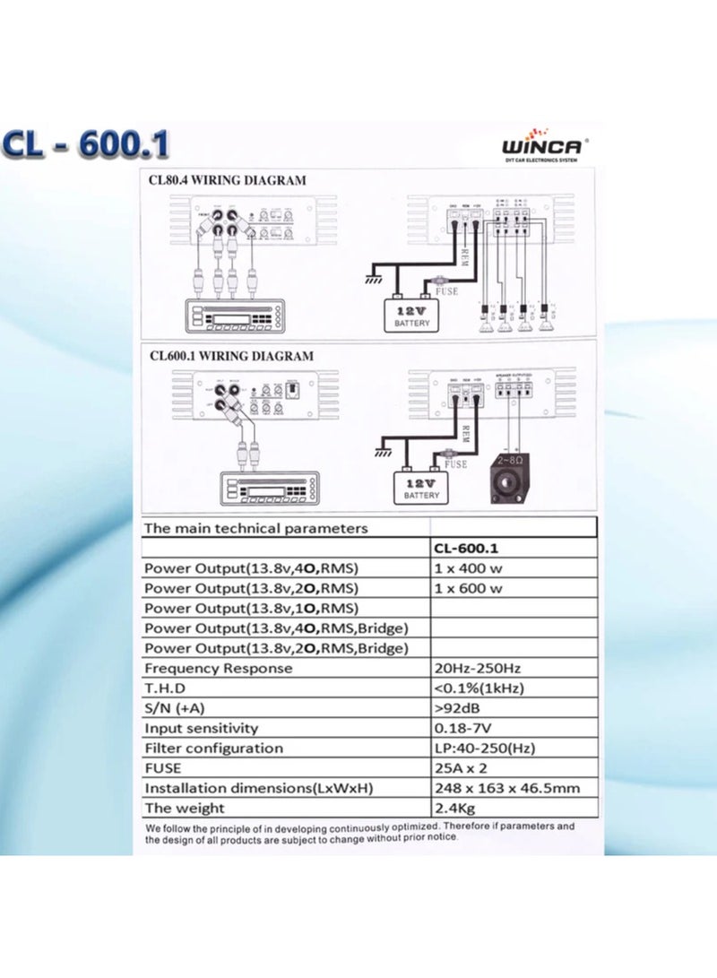WINCA Car Audio Power Amplifier CL-600.1 Mono (2400W-600R) - Image 5