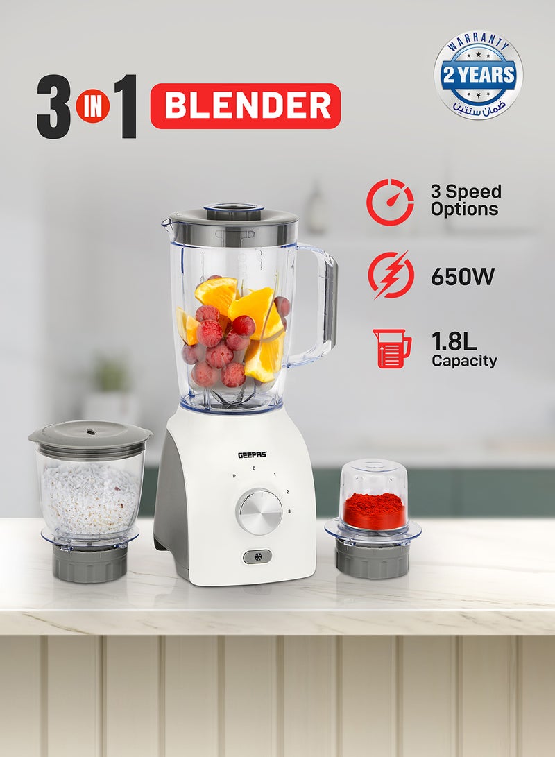 GEEPAS 3-In-1 Blender With Stainless Steel Blades, Turbo Button For Ice Crushing, 3 Speed With Pulse Function, Overheat Protection, Powerful Motor 1.8 L 600 W GSB44034N Multicolour - Image 1