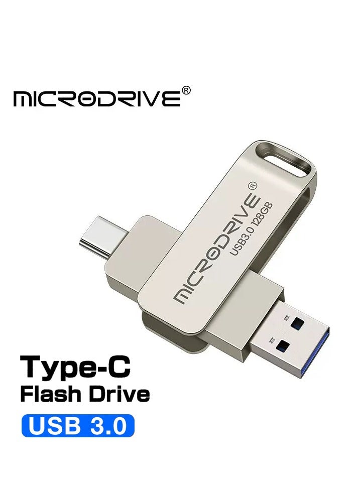 128G USB3.0+Type-c Dual Interface USB Flash Drive, High-Speed Storage, 150MBps Read, 60MBps Write, 360-degree Rotating Protective Cover, Compatible with Computers, Tablets, Type-c Mobile Phones, Cars, Audio, TVs (128GB OTG)