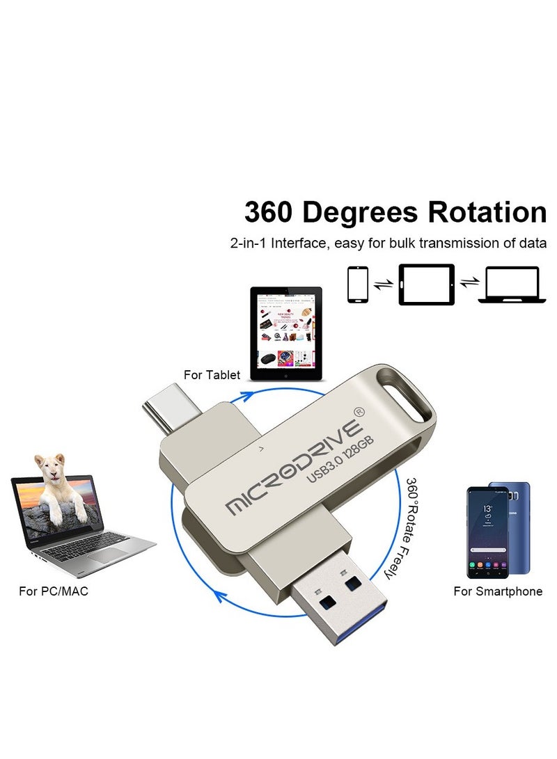 MicroDrive 128G USB3.0+Type-c Dual Interface USB Flash Drive, High-Speed Storage, 150MBps Read, 60MBps Write, 360-degree Rotating Protective Cover, Compatible with Computers, Tablets, Type-c Mobile Phones, Cars, Audio, TVs (128GB OTG) - Image 3