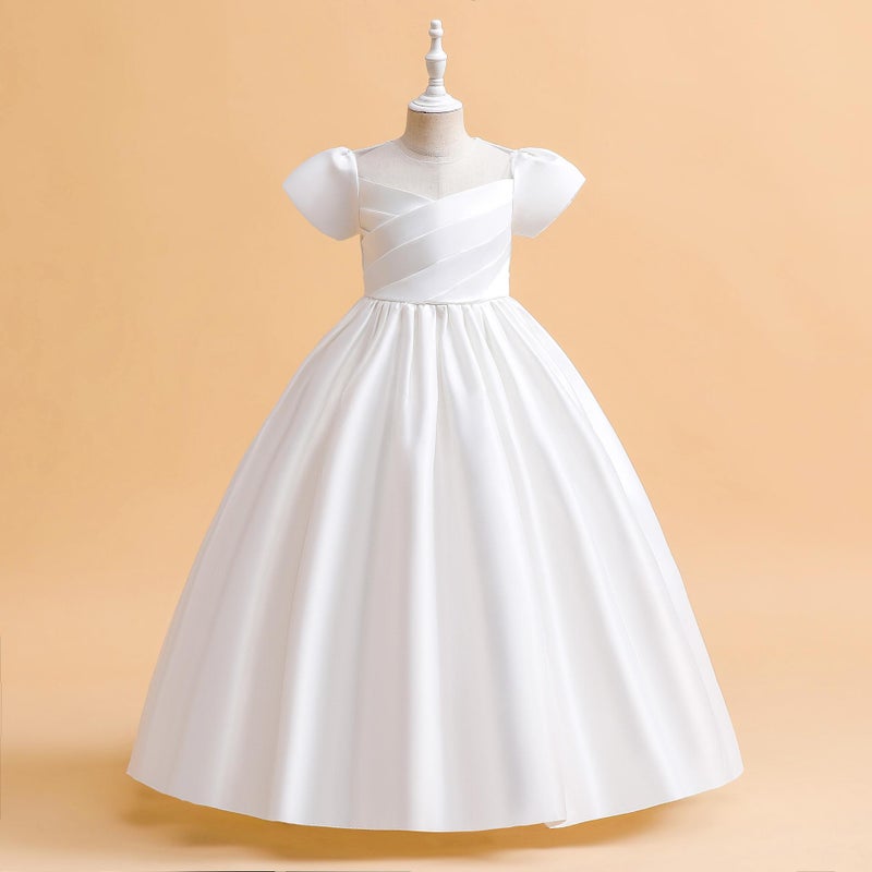 Europe and the United States childrens dress girls princess dress satin short sleeve long dress big childrens foreign trade childrens clothing cross-border supply LP-285-White 