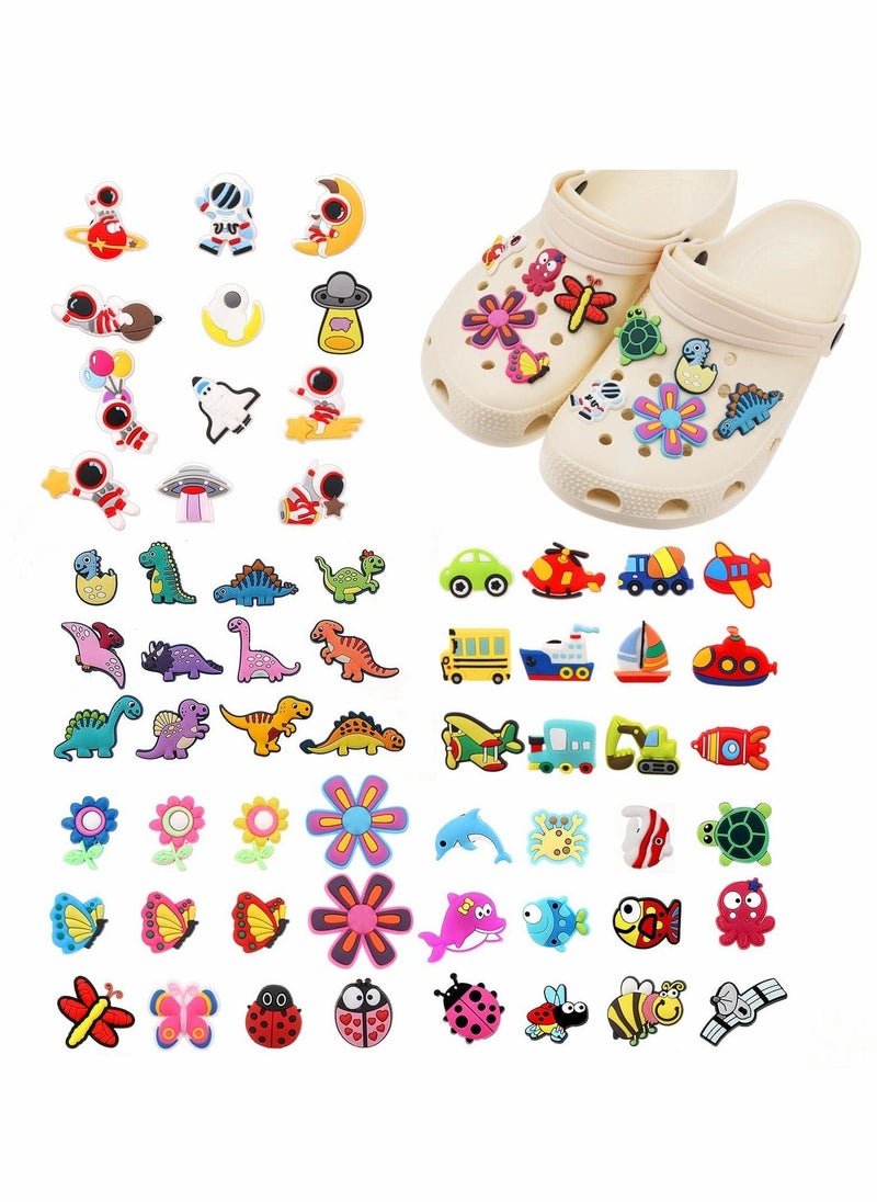 Shoe Decoration Charms for Croc, 60 Pcs Cute Shoe Charms for Shoes include Dinosaurs Vehicles Flowers Insects Sea Animals Astronauts, Lovely Charms for Party Favors Birthday Gifts - Image 1