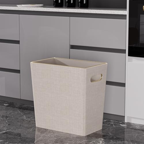 LADSTAG Beige White Trash Can Waste basket,3/4 Gallon Office Pu Leather Wastebasket with Gold-Tone Edging Decoration for Bathroom, Garbage Cans for Toilet Bedroom Living Room, Office home modern decor - Image 4