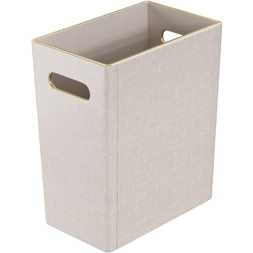 LADSTAG Beige White Trash Can Waste basket,3/4 Gallon Office Pu Leather Wastebasket with Gold-Tone Edging Decoration for Bathroom, Garbage Cans for Toilet Bedroom Living Room, Office home modern decor - Image 1