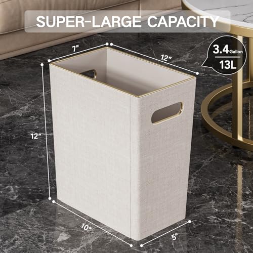 LADSTAG Beige White Trash Can Waste basket,3/4 Gallon Office Pu Leather Wastebasket with Gold-Tone Edging Decoration for Bathroom, Garbage Cans for Toilet Bedroom Living Room, Office home modern decor - Image 5