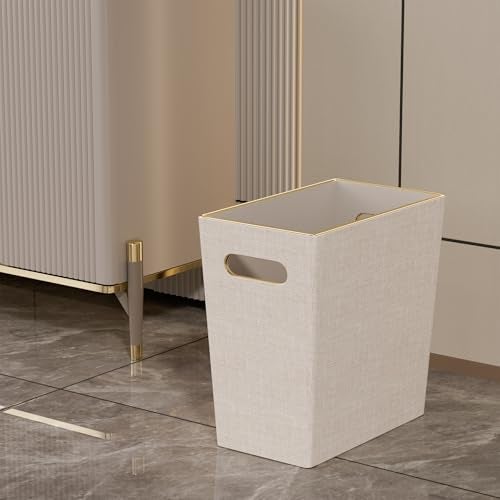 LADSTAG Beige White Trash Can Waste basket,3/4 Gallon Office Pu Leather Wastebasket with Gold-Tone Edging Decoration for Bathroom, Garbage Cans for Toilet Bedroom Living Room, Office home modern decor - Image 3