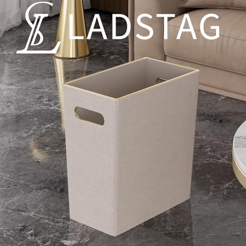 LADSTAG Beige White Trash Can Waste basket,3/4 Gallon Office Pu Leather Wastebasket with Gold-Tone Edging Decoration for Bathroom, Garbage Cans for Toilet Bedroom Living Room, Office home modern decor - Image 2