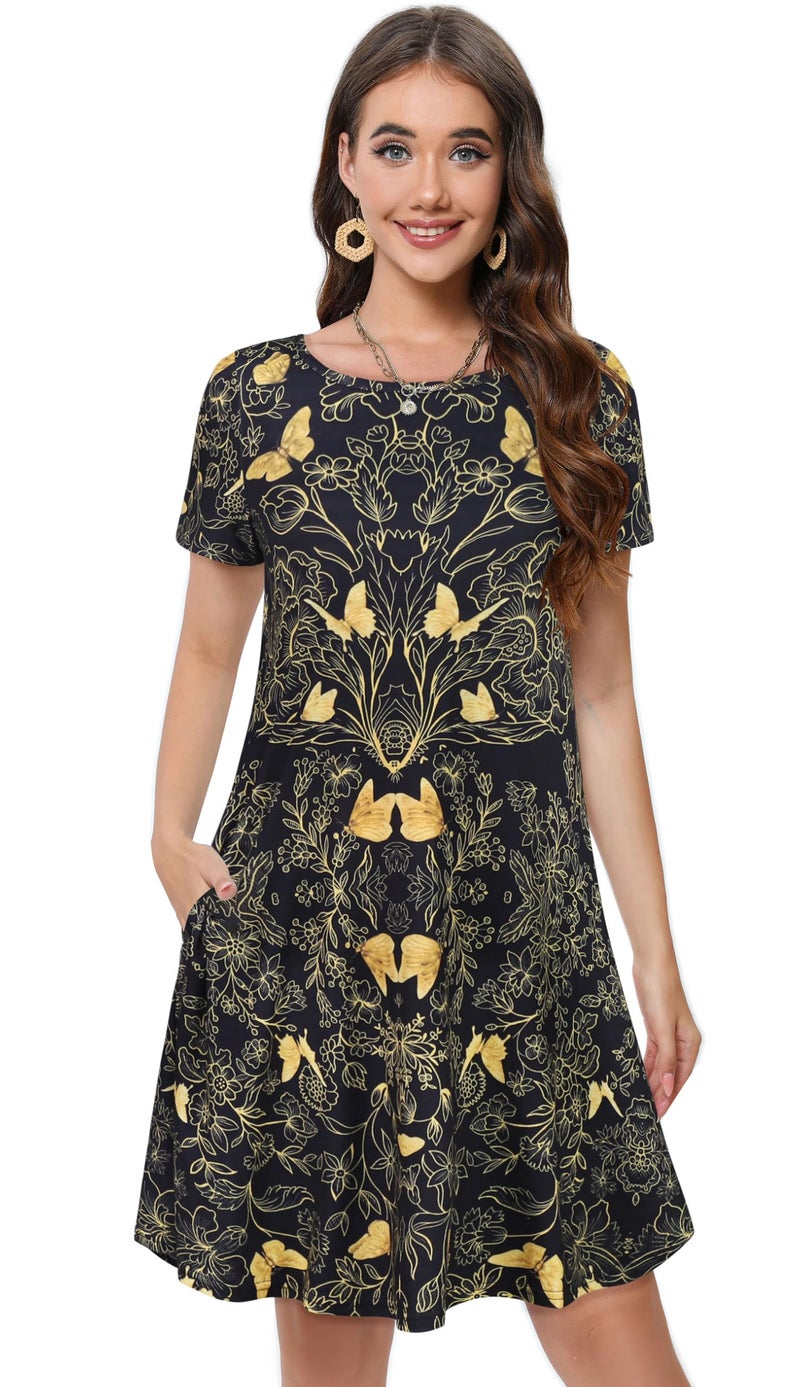elescat Sundresses for Women Short Sleeve Summer Tunic Dress Casual Swing Cotton Cover Ups with Pockets(Golden Butterfly, L) - Image 2
