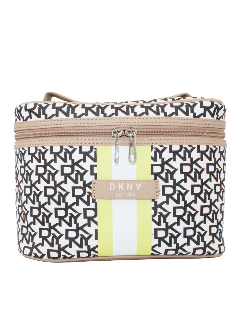 دكني حقيبة مكياج دي كيه إن واي مخططة بتصميم أصلي للسفر، حقيبة مكياج صغيرة خفيفة الوزن للتخزين، حقيبة مستحضرات تجميل للسفر - Image 1