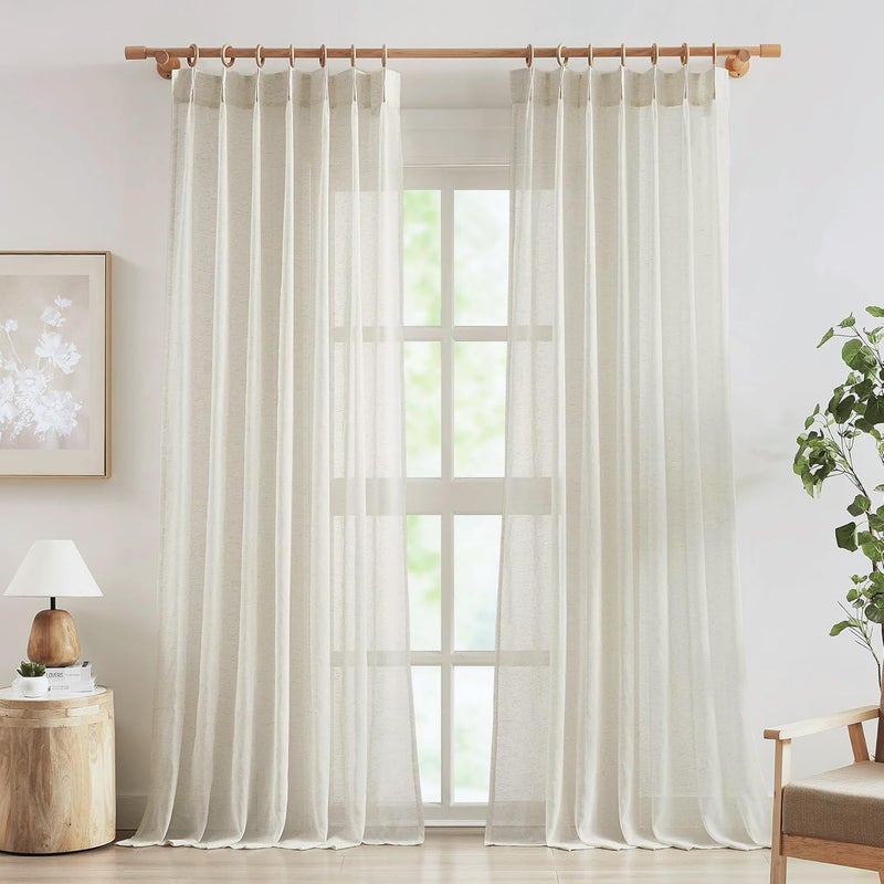 FMFUNCTEX Linen Sheer Pinch Pleated Curtains for Living Room, Linen Flax Beige 108 Inches Long Sheer Curtain See Through Panels for Bedroom, Natural Window Drapes for Farmhouse, Rod Pocket 2 Panels - Image 1