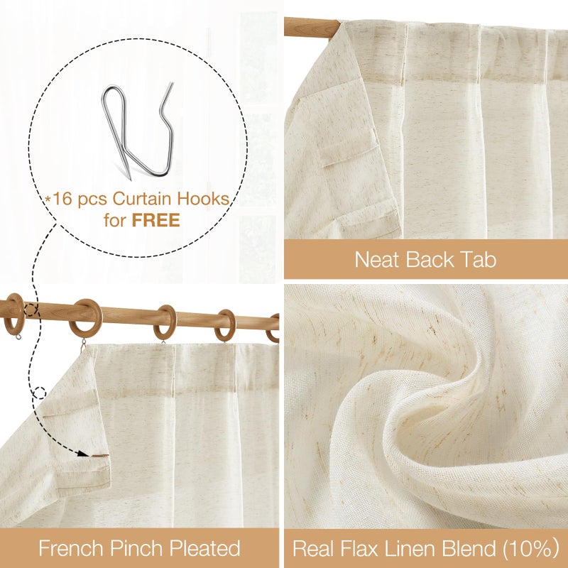 FMFUNCTEX Linen Sheer Pinch Pleated Curtains for Living Room, Linen Flax Beige 108 Inches Long Sheer Curtain See Through Panels for Bedroom, Natural Window Drapes for Farmhouse, Rod Pocket 2 Panels - Image 3