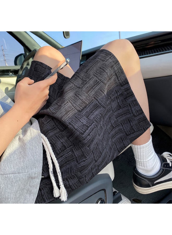 Vuug Plaid American Trendy Brand Men's Shorts, Summer Loose-fit Large Size Casual Youth Knee-length Pants, Black, L - Image 1