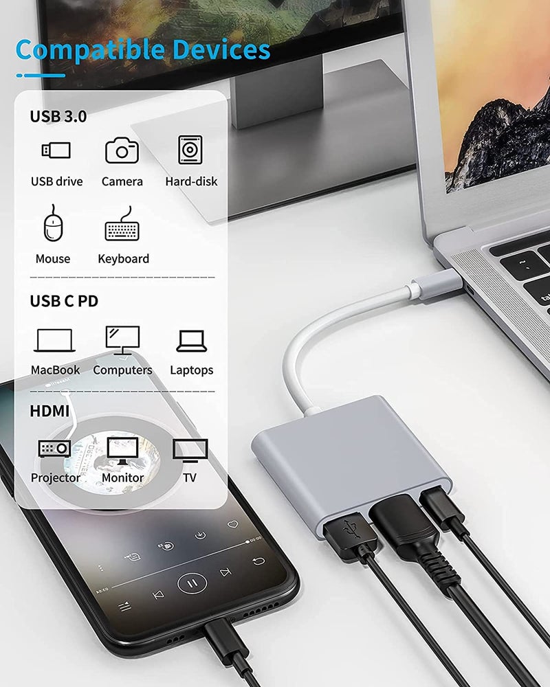 Tobo USB 3 in 1 HUB Type-C to HDMI/PD/USB Thunderbolt 3 Type C Female with USB 3.0 5Gbps Port Converter Adapter-TD-221TC. - Image 4