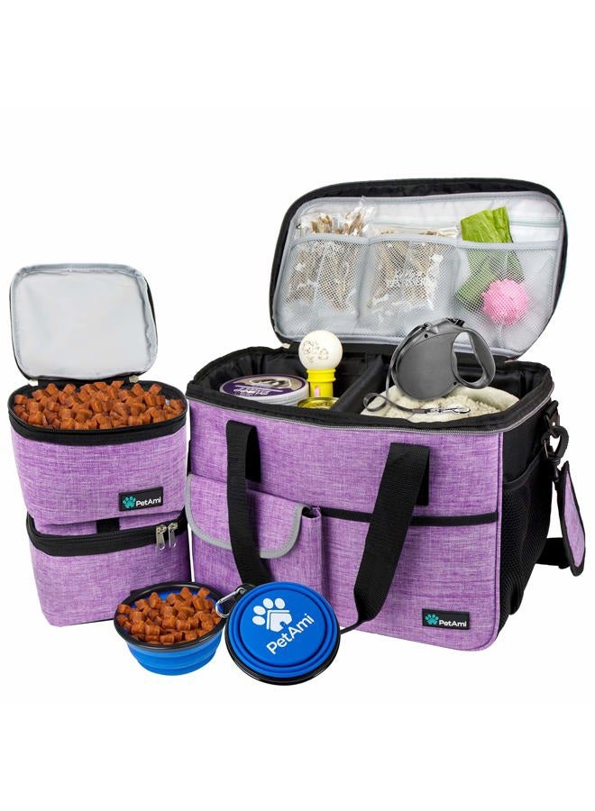 PetAmi Dog Travel Bag, Travel Pet Bag Organizer, Dog Food Travel Bag with Food Container and Bowls, Dog Travel Supplies Gift Accessories for Weekend Camping, Dog Cat Diaper Bag (Purple, Medium) - Image 1