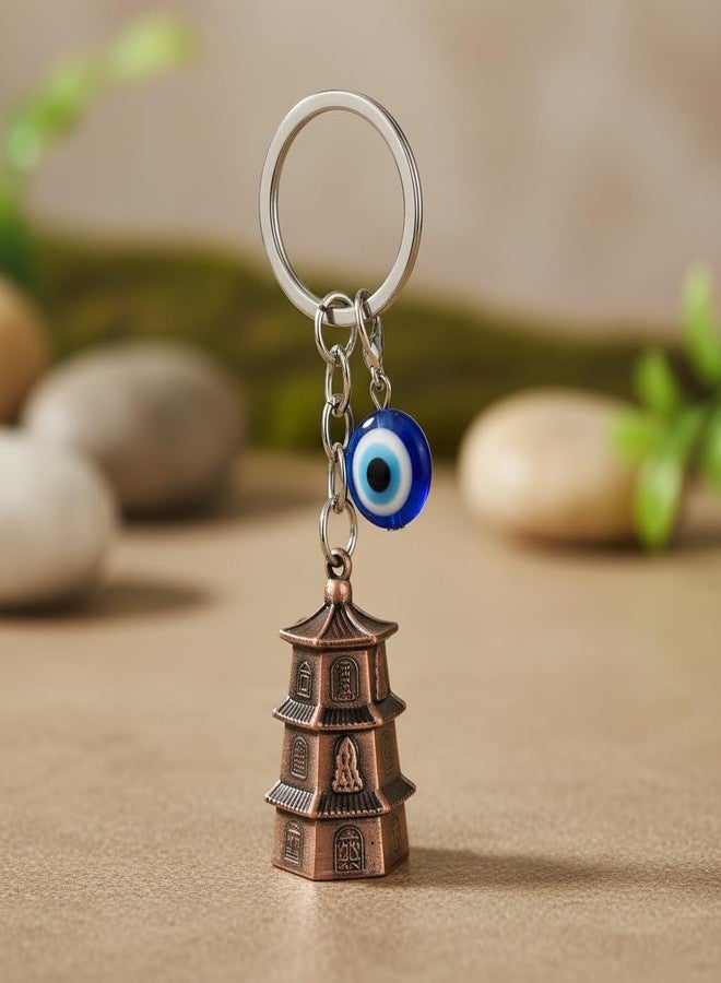 AEROSTARK Bronze Temple Guardian Bell With Evil Eye Charm - Biker Luck with Safety Message Keyring - Gift for Husband, Boyfriend, Dad, Brother - Birthday, Rakhi - Image 2