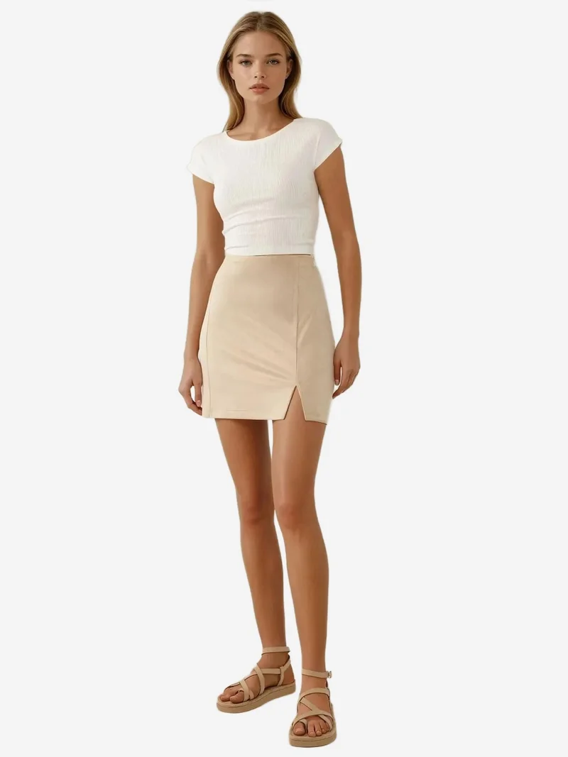 HICCUP High Waist Mini Suede Skirt with Slit