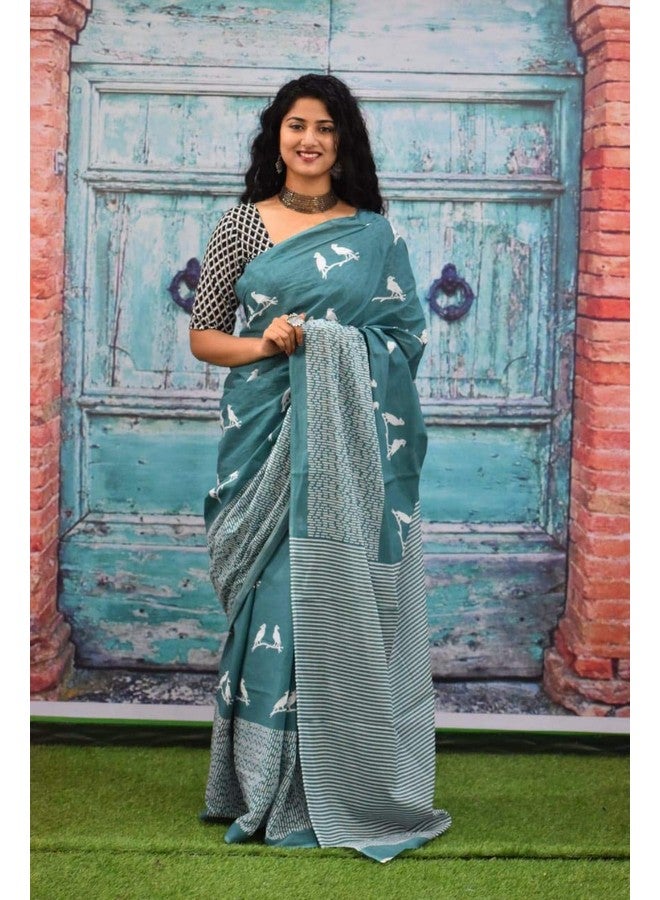 Kiaaron Women's Hand Block Kalamkari Batik Bagru Jaipuri Ikat Printed Handloom Pure Cotton Mulmul Traditional Ethnic Cotton Sarees With Printed Blouse Piece - Multicolor - Image 2