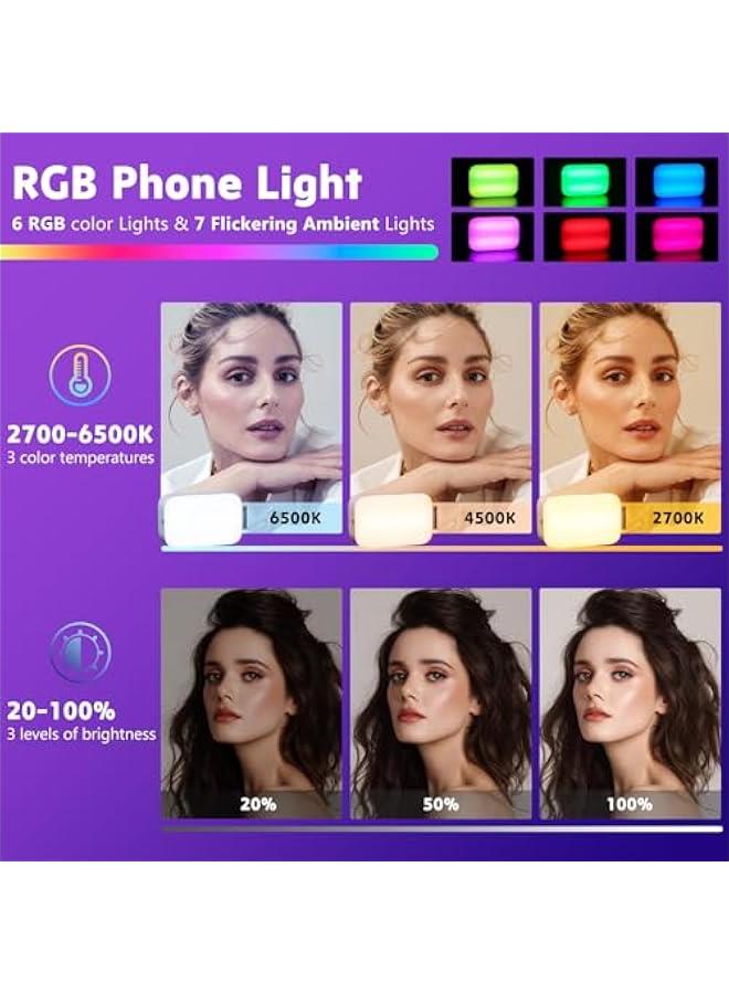 ضوء سيلفي مع إضاءة أمامية وخلفية، ضوء هاتف مع حامل، ضوء سيلفي LED محمول مع 14 وضع إضاءة RGB و3 أوضاع إضاءة لهاتف آيفون، مؤتمرات فيديو، تيكتوك، مكياج - Image 2