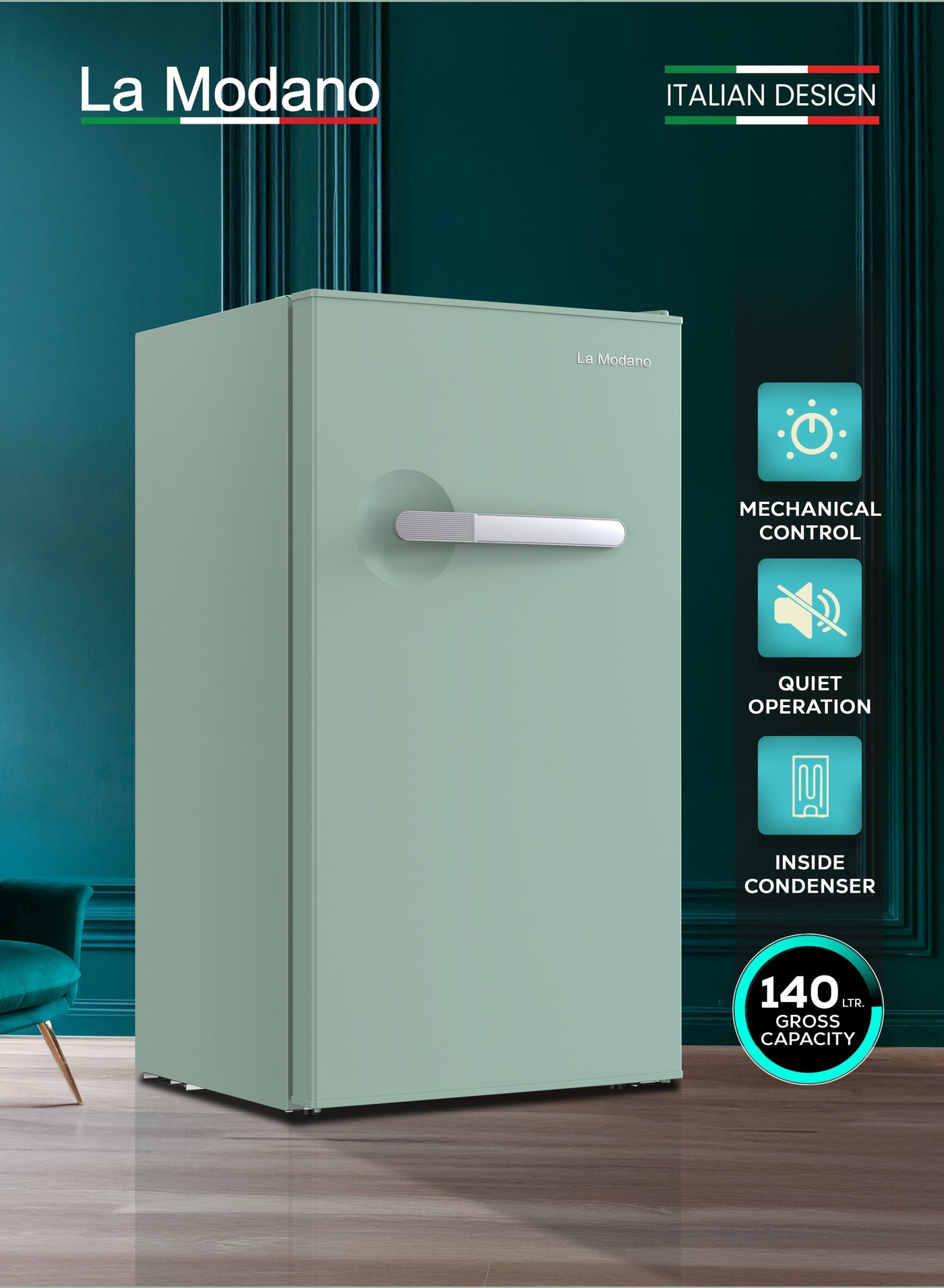 La Modano Compact 90L Gross Capacity Single Door Refrigerator with Mechanical Control, Defrost Function, R600a Refrigerant, Inner Light, 2 Glass Shelves, 6 Bottle Racks, and Handle – Energy Efficient, Space-Saving, Ideal for Home, Dorm, or Office Use