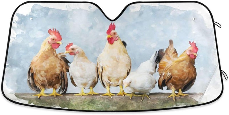 Oarencol Chicken Roosters Car Windshield Sun Shade Watercolor Farm Animal Foldable UV Ray Sun Visor Protector Sunshade to Keep Your Vehicle Cool (55" x 27.6") - Image 1
