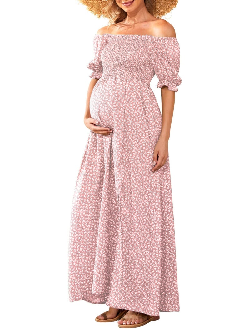 guruixu Floral Off Shoulder Maternity Dress Puff Sleeve Smocked Boho Photoshoot Baby Shower Pregnancy Dresses - Image 1