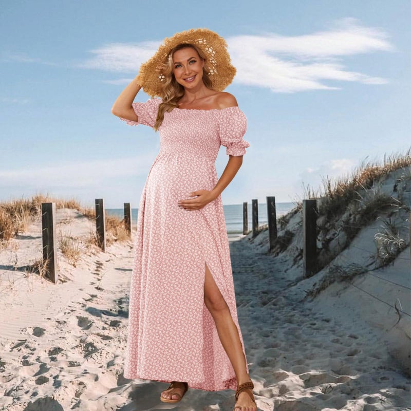 guruixu Floral Off Shoulder Maternity Dress Puff Sleeve Smocked Boho Photoshoot Baby Shower Pregnancy Dresses - Image 3
