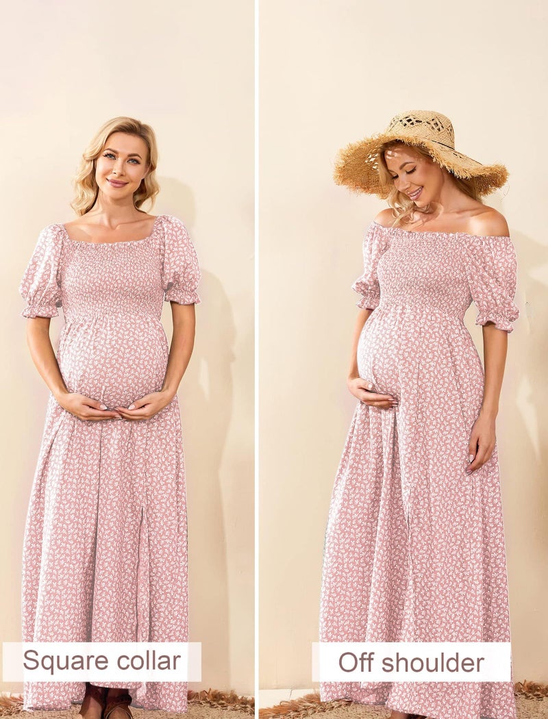guruixu Floral Off Shoulder Maternity Dress Puff Sleeve Smocked Boho Photoshoot Baby Shower Pregnancy Dresses - Image 5