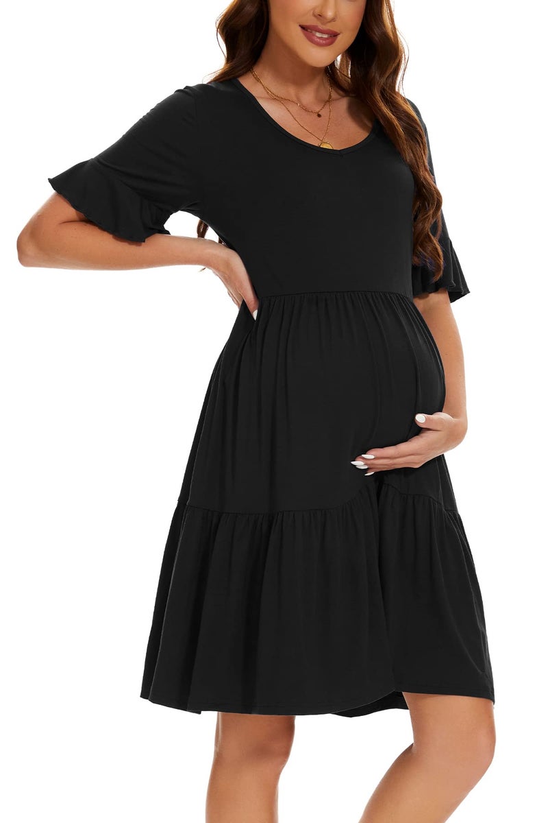 Smallshow Women's Maternity Dress Ruffle Short Sleeve Pregnancy Clothes Summer Medium,Black - Image 1