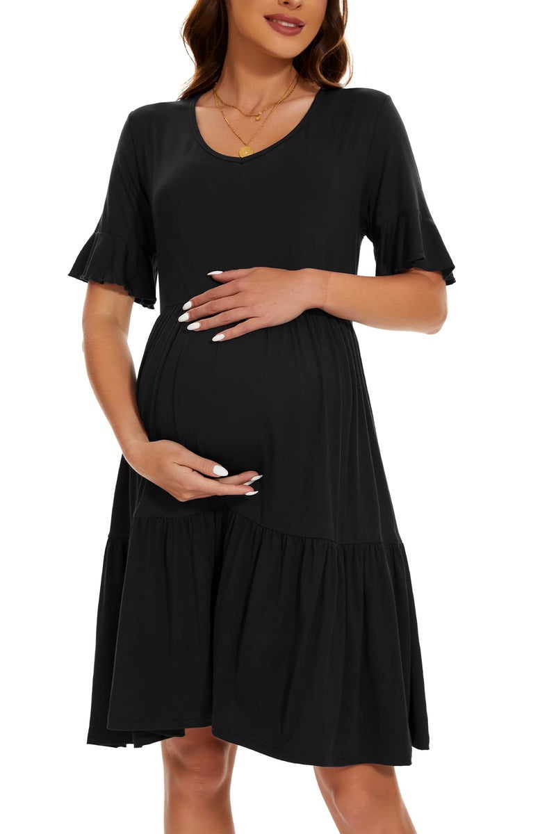 Smallshow Women's Maternity Dress Ruffle Short Sleeve Pregnancy Clothes Summer Medium,Black - Image 2