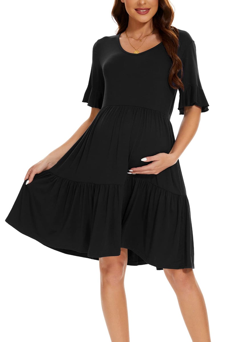 Smallshow Women's Maternity Dress Ruffle Short Sleeve Pregnancy Clothes Summer Medium,Black - Image 3