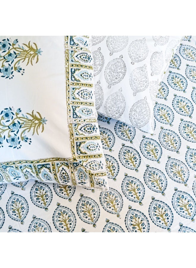 علامة ساراس ملاءة سرير من قماش بيركال قطني 100% بطبعة تراثية مع غطائين للوسادة - Image 1