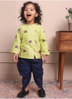Polka Tots Polka Tots Full Sleeves Elephant Embroidery Angrakha Top With Dhoti - Green  - Image 3