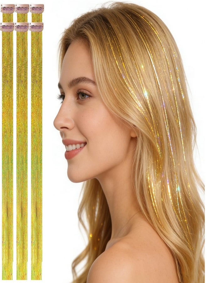 Celinebella Gold Clip in Hair Tinsel 6Pcs Heat Resistant Shiny Hair Extensions for Women Teens Daily Wedding Prom Accessories - Image 1
