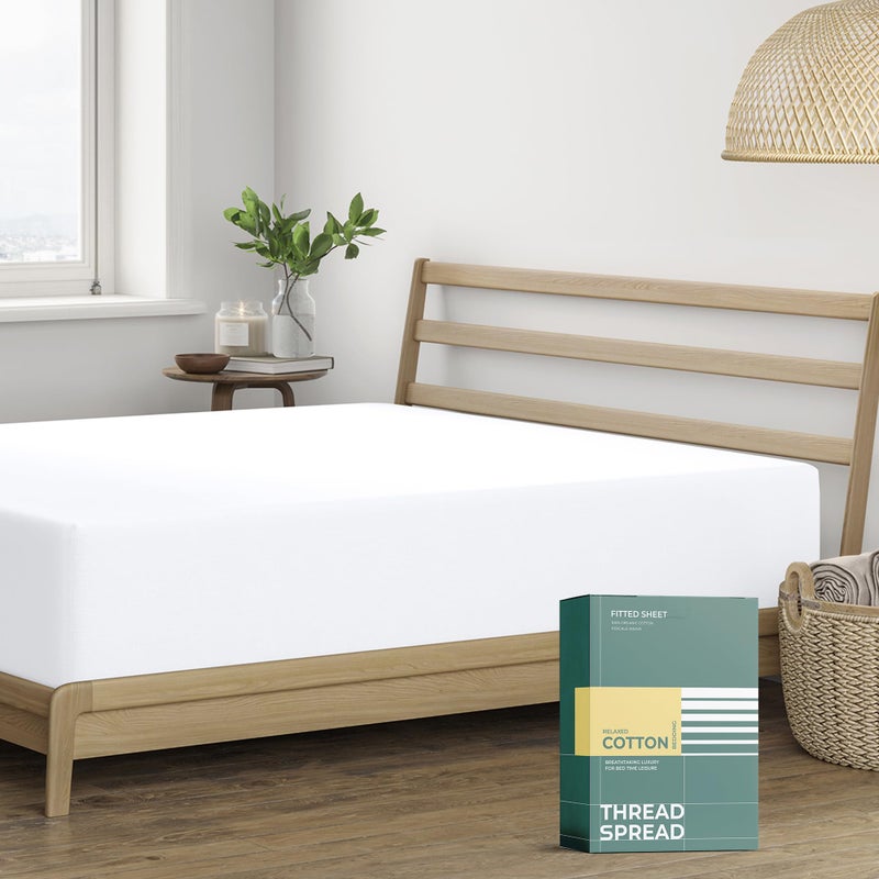 THREAD SPREAD 100% Organic Cotton Percale Weave Fitted Sheet Queen Size, White, 1 Deep Pocket Queen Fitted Sheet, Fits Mattress Upto 16" Crisp and Cool Bed Linen, Luxury GOTS Certified Sheets - Image 1