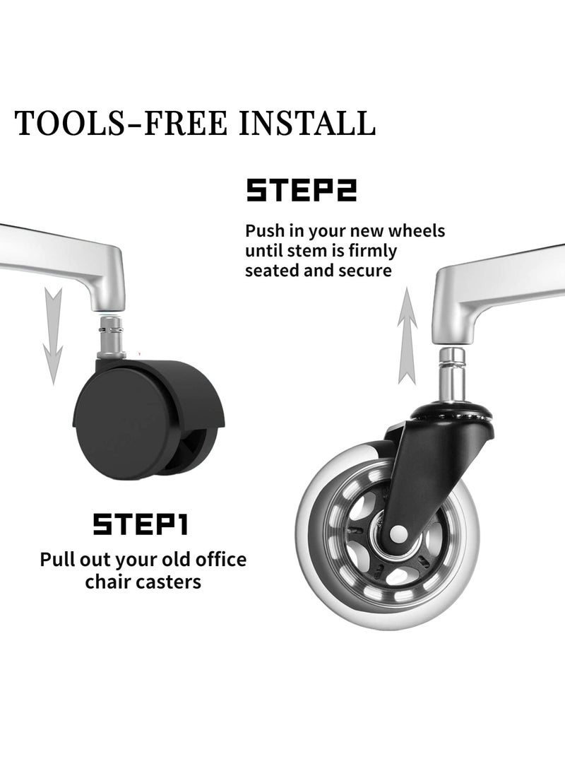 SOLARAE 5-Pack Office Chair Casters - PU Insert Rod, Electrophoresis Transparent, Quiet Replacement Accessories for Office Furniture (Black) - Image 5