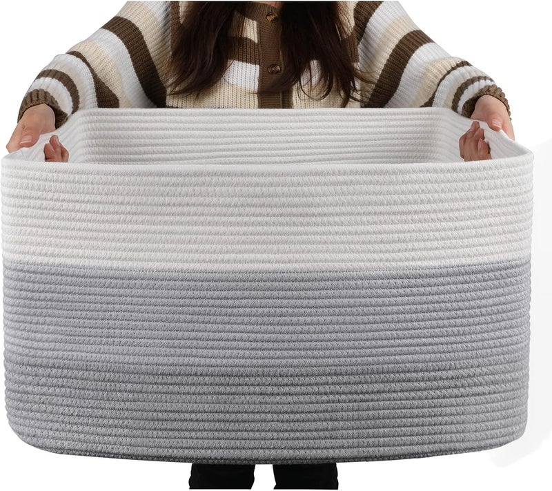 OIAHOMY Large Cotton Rope Basket, Rectangle Woven Baskets for Storage, Nursery Blanket Basket Living Room, Toy Basket With Handle, Large Baskets for Organizing-22”x17”x12”-Gradient Grey - Image 1