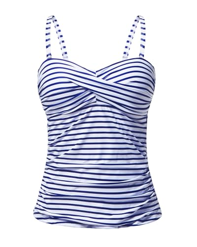 Holipick Tankini Top for Women Twist Front Bandeau Swimsuit Tummy Control Bathing Suit Tops Only No Bottom Blue Striped - Image 1