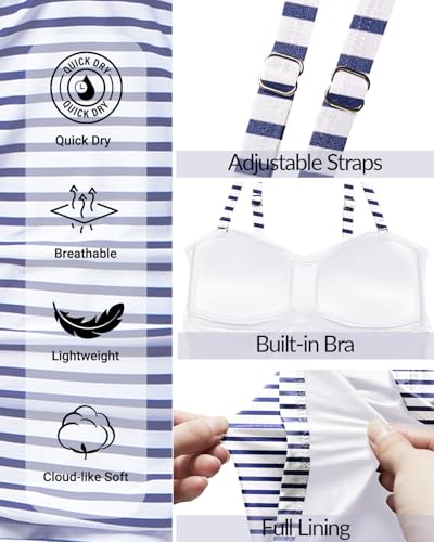 Holipick Tankini Top for Women Twist Front Bandeau Swimsuit Tummy Control Bathing Suit Tops Only No Bottom Blue Striped - Image 4