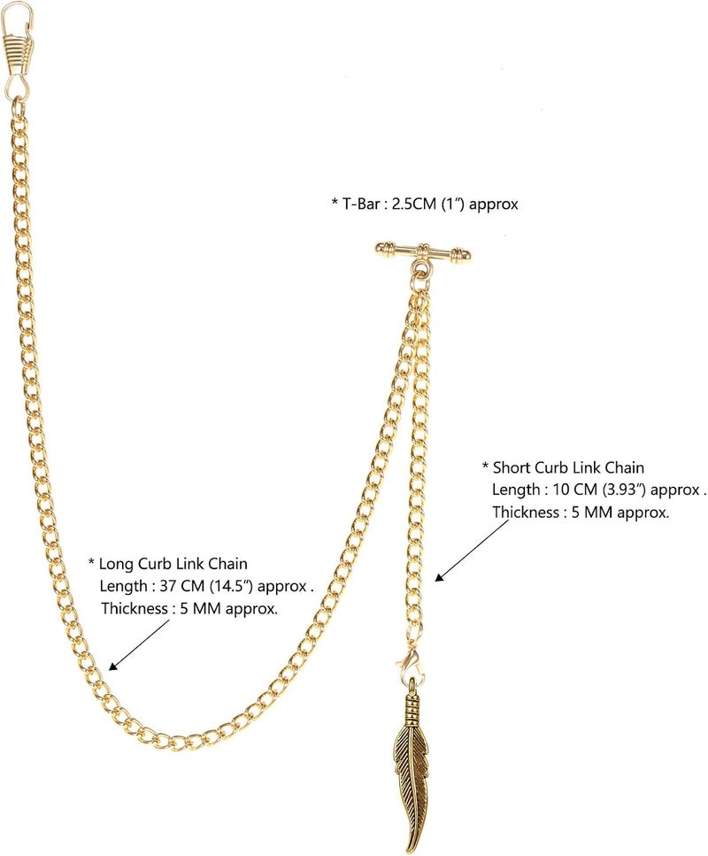 TREEWETO Men's Albert Chain Pocket Watch Curb Link Key Chain 2 Hooks with Antique Leaf Pendant Charm Design Copper Fob T Bar - Image 3