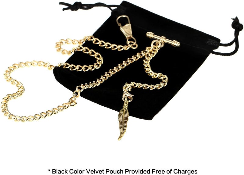 TREEWETO Men's Albert Chain Pocket Watch Curb Link Key Chain 2 Hooks with Antique Leaf Pendant Charm Design Copper Fob T Bar - Image 2