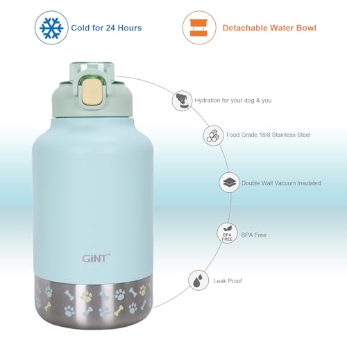 GiNT 37oz Insulated Stainless Steel Dog & Human Water Bottle | Leakproof Travel Dispenser with Detachable 10oz Bowl, 24H Cold/12H Hot, Carrying Case for Walking, Hiking,Camping & Outdoor Travel(Green) - Image 5