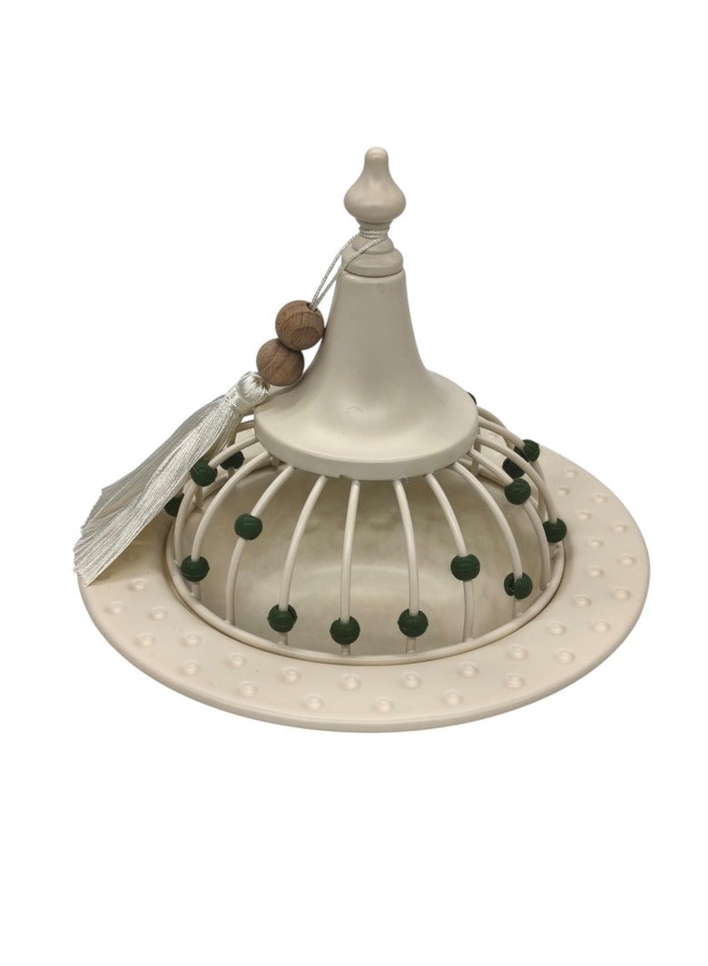 AKDC Metal Tajine with Lid 25cm*20cm, White with Green Beads - Image 1