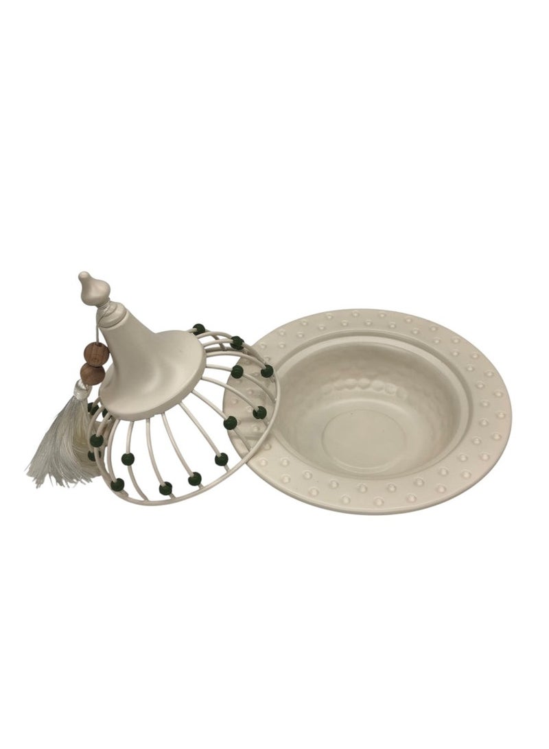 AKDC Metal Tajine with Lid 25cm*20cm, White with Green Beads - Image 2