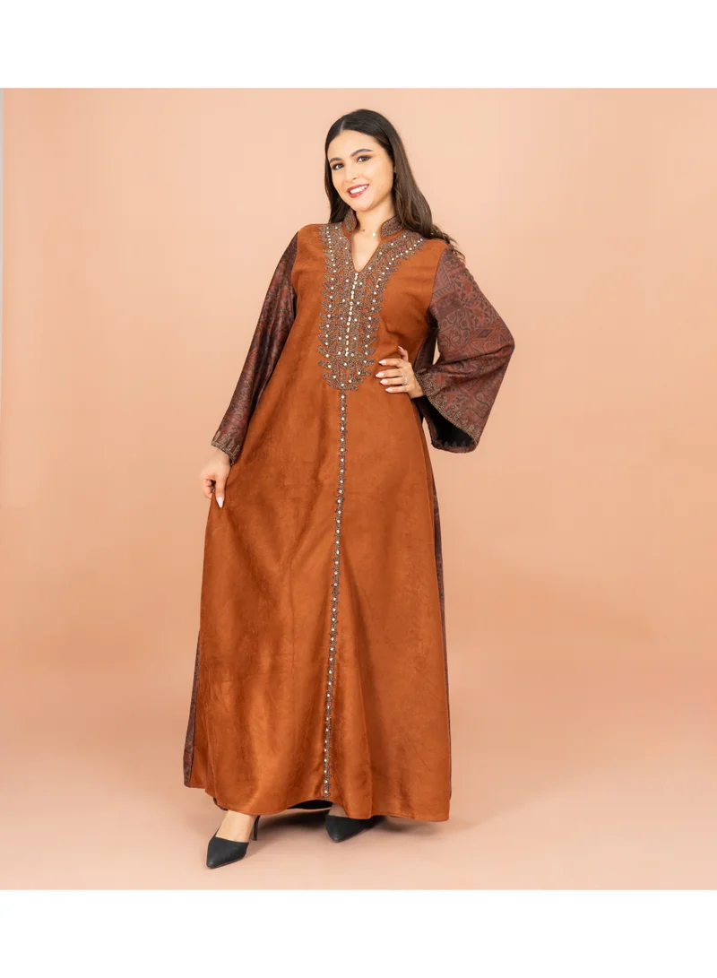 IKKXA Luxury Mandarin Colar Embroidery Beads Patterned Sleeves Jalabiya